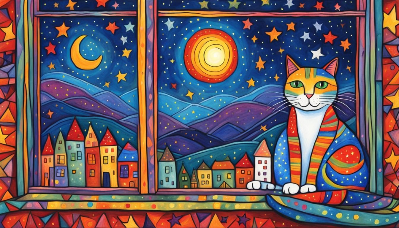 Colorful Cat Gazing at Starry Night in Naive Art Style