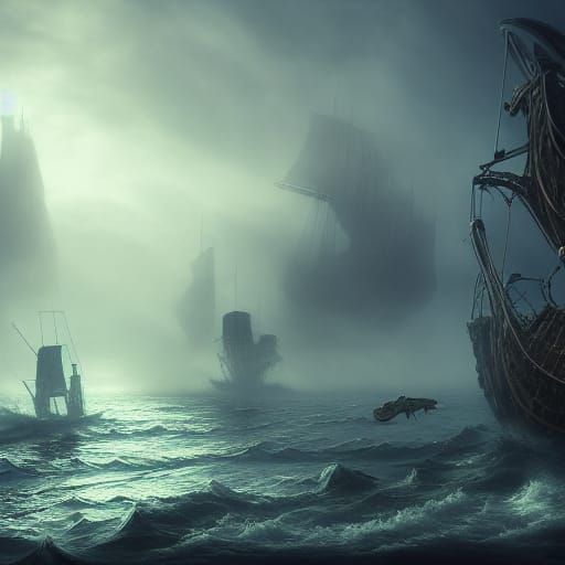 Pirate Shipwrecks in Fog: Detailed Matte Painting