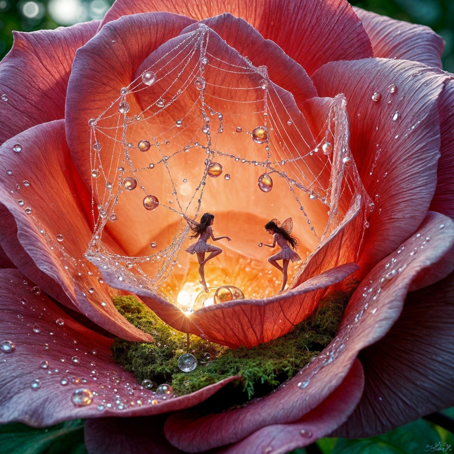 Dew-Kissed Web with Fairies in Rose, 3D Render