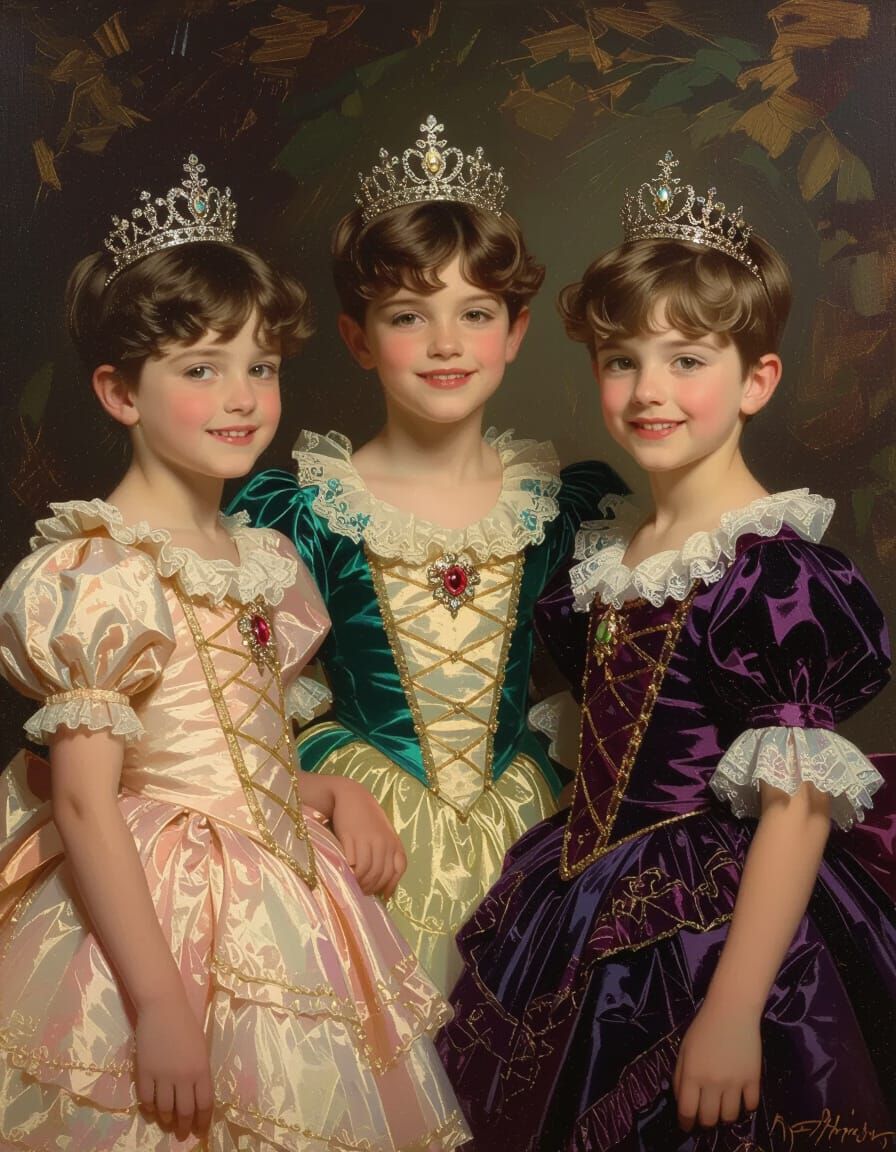 Victorian Boys in Gowns: Luminous Oil Painting