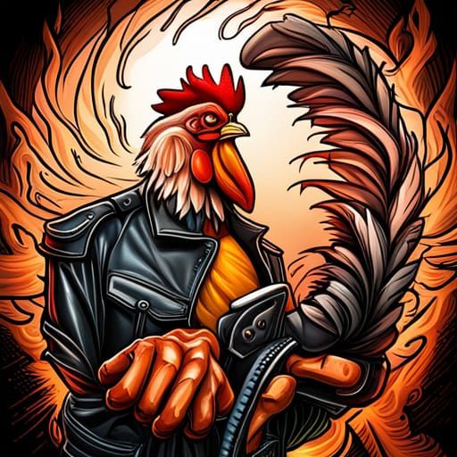Rooster Biker with Leather Jacket in Art Deco Style