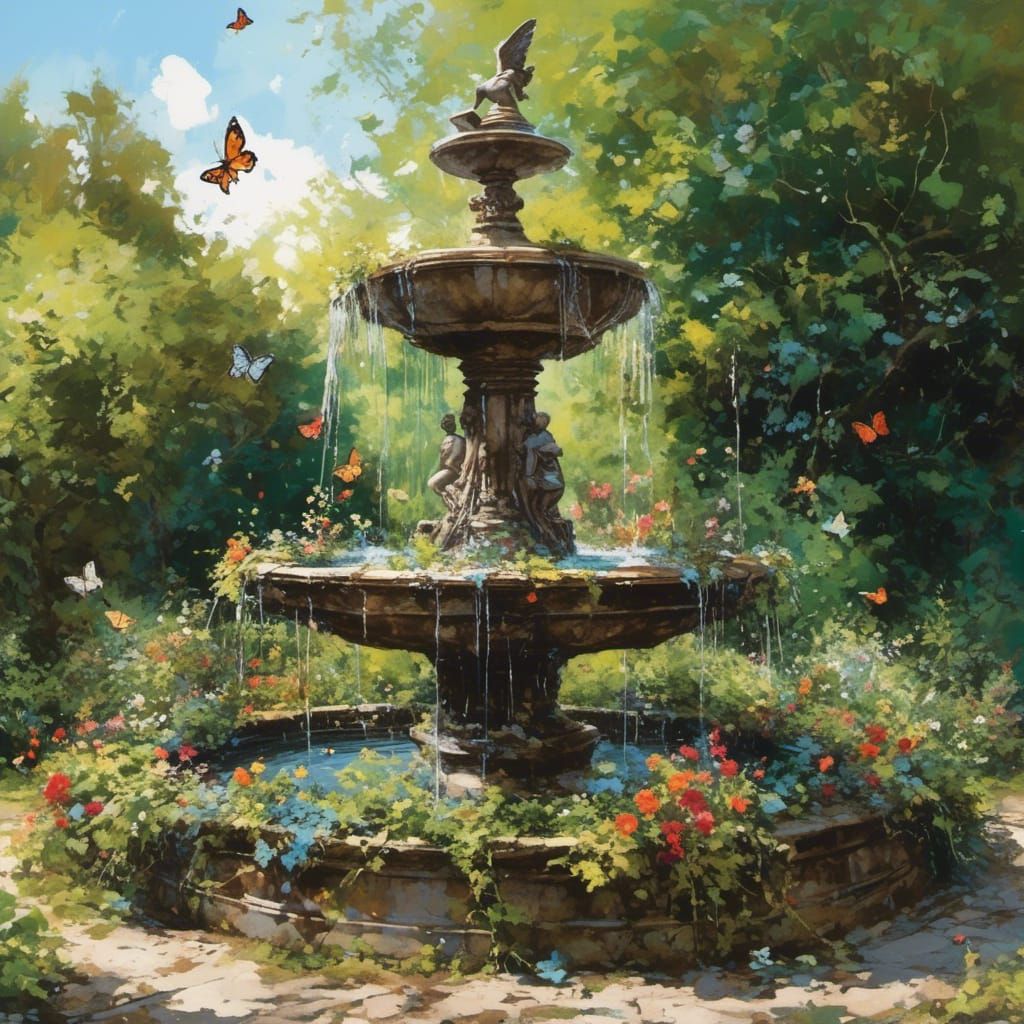 Victorian Garden Fountain with Splatter Graffiti