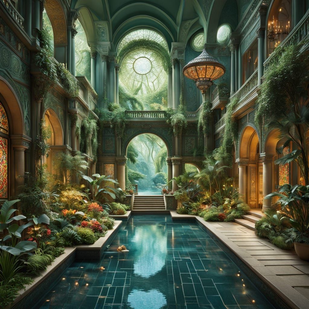 Futuristic Oasis in Art Nouveau Style