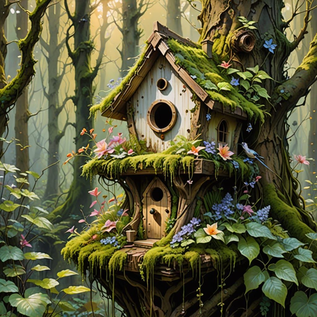 Enchanting Birdhouse in Watercolor Fantasy Forest