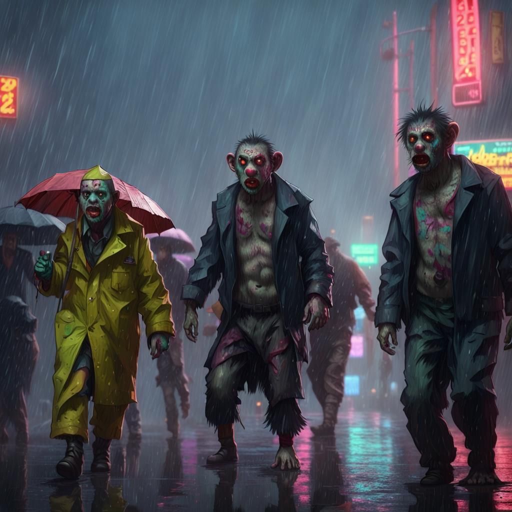 Zombie Monkey Clowns in Cyberpunk Rainstorm
