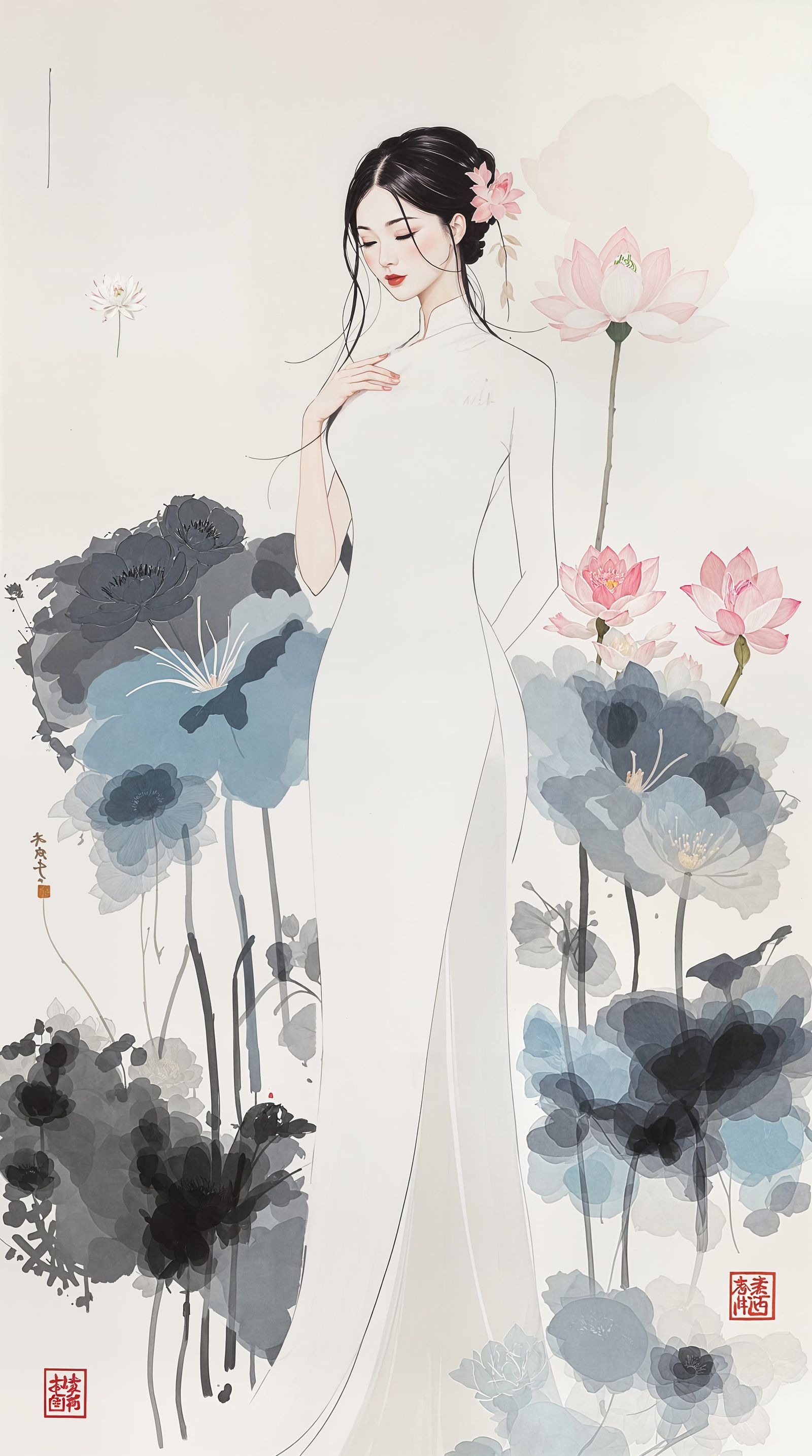 A Minimalist Sumi-e Portrait of a Lady in Elegant Ao Dai