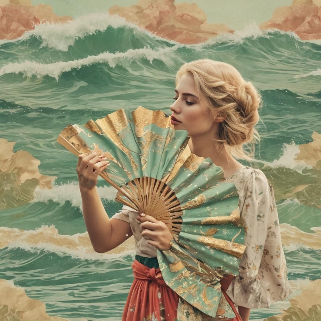 Vintage Collage of Woman with Gold Fan