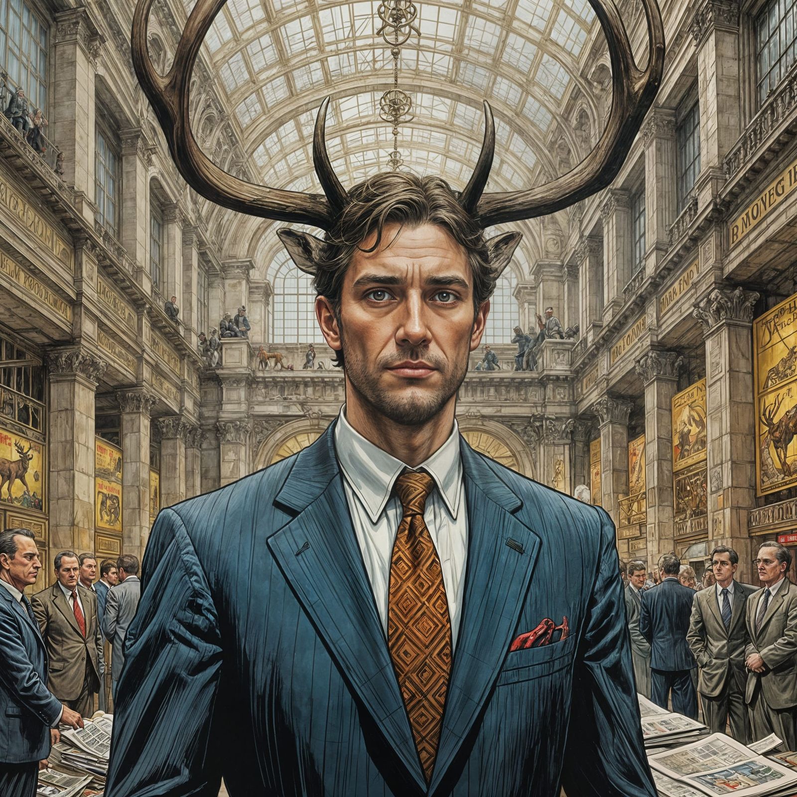 Deer Antler Businessman in Abandoned Stock Exchange