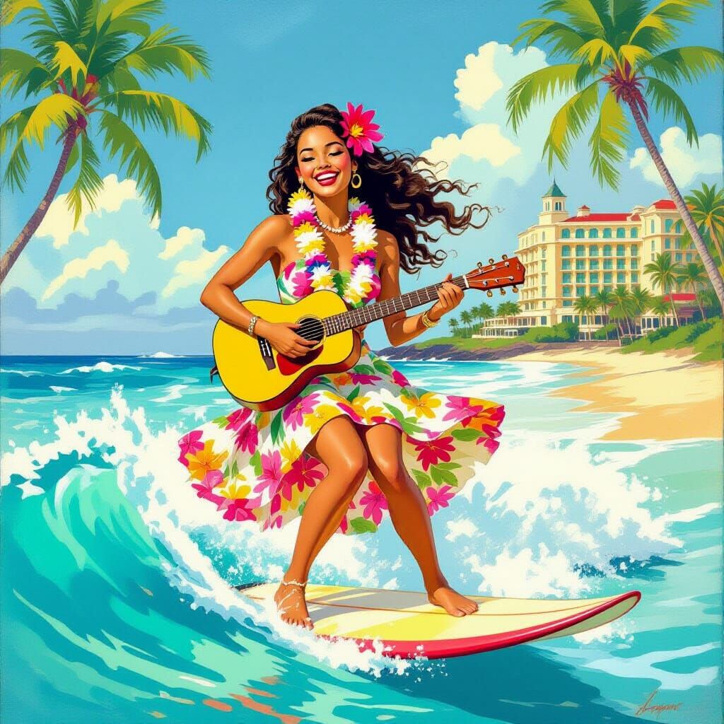 Hawaiian Hula Girl Rides Wave on Ukulele