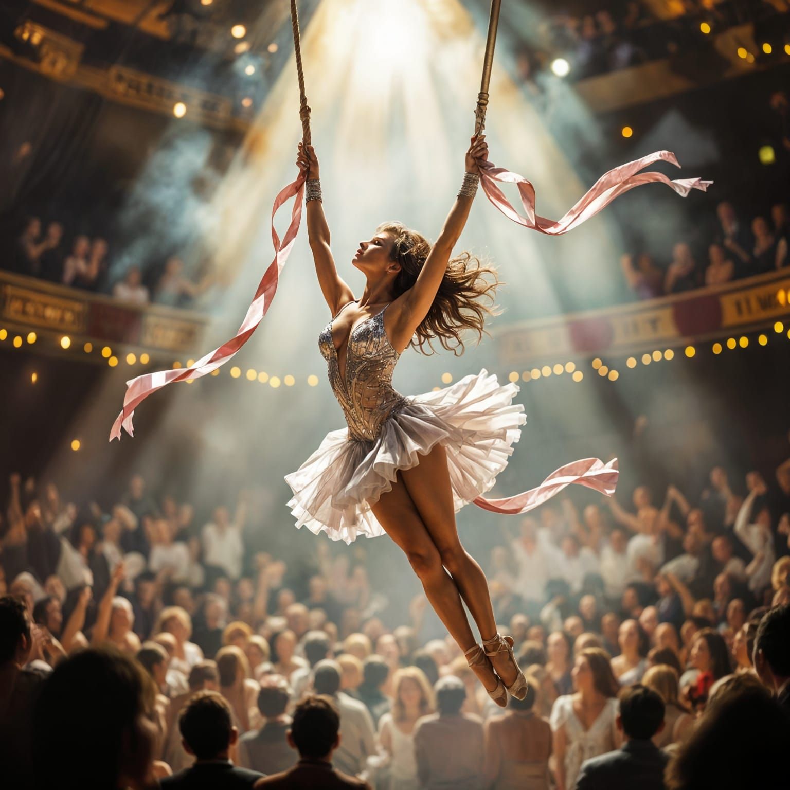 Female Trapeze Artist in Shimmering Costume Mid-Flight