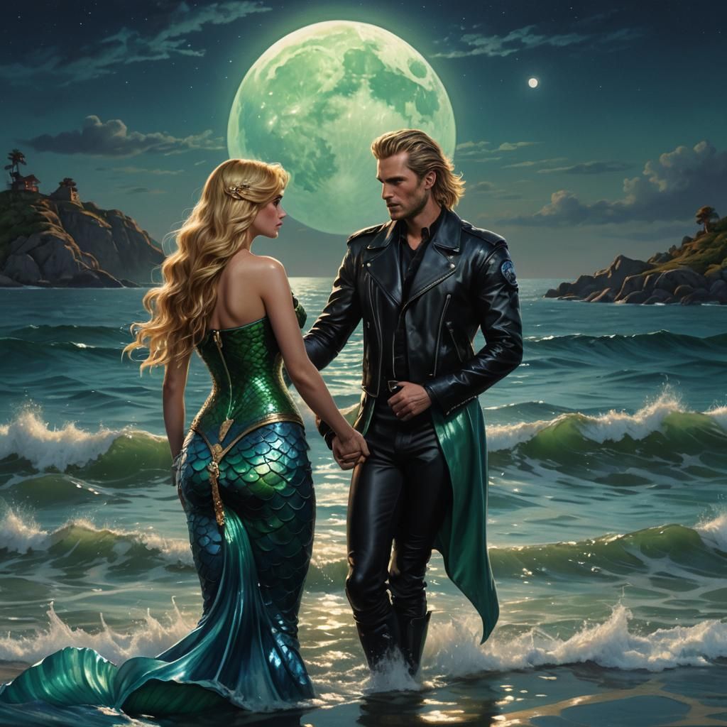 Motorcyclist and Mermaid Under the Moon