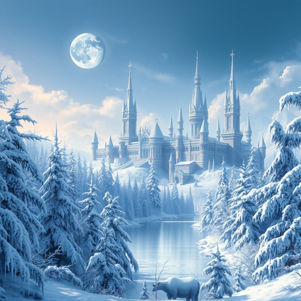 Majestic Winter Kingdom under Ethereal Moonlight