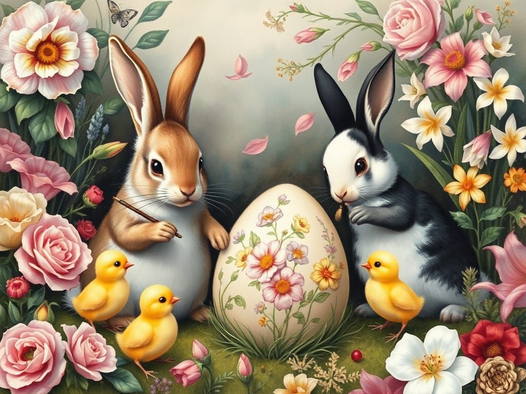 Bunnies and Chicks Painting Easter Eggs in Gouache Style