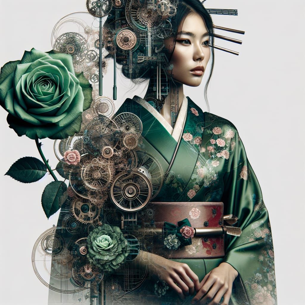 Double exposure Japanese woman in green kimono with a rose I...