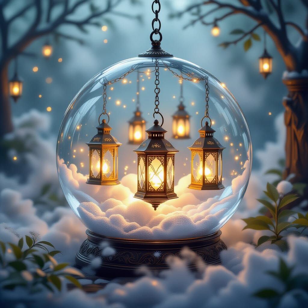 Glowing Lanterns in Crystal Ball Fantasy Scene