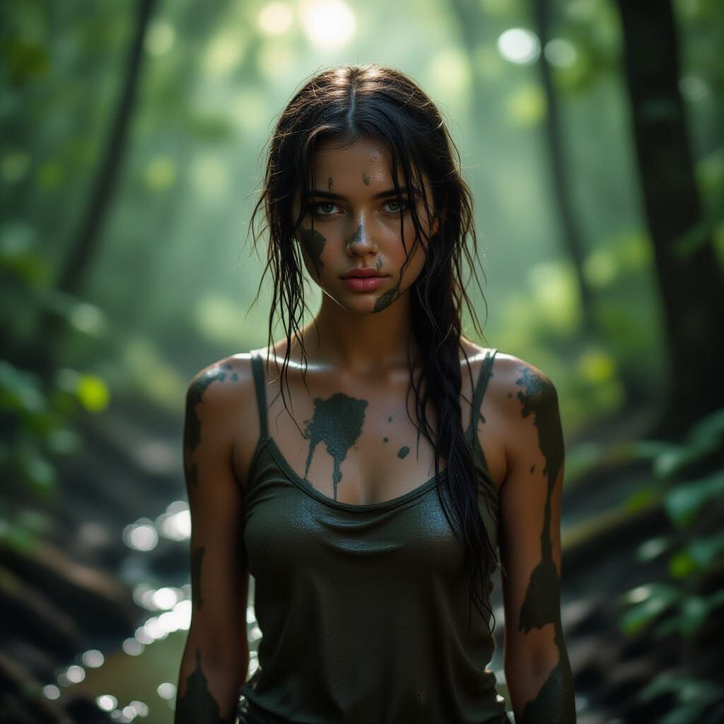 Teenage Girl Covered in Mud in Mystical Forest