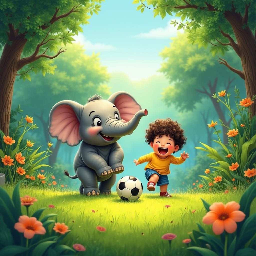 Whimsical Jungle Football Scene in Vibrant Cartoon Style