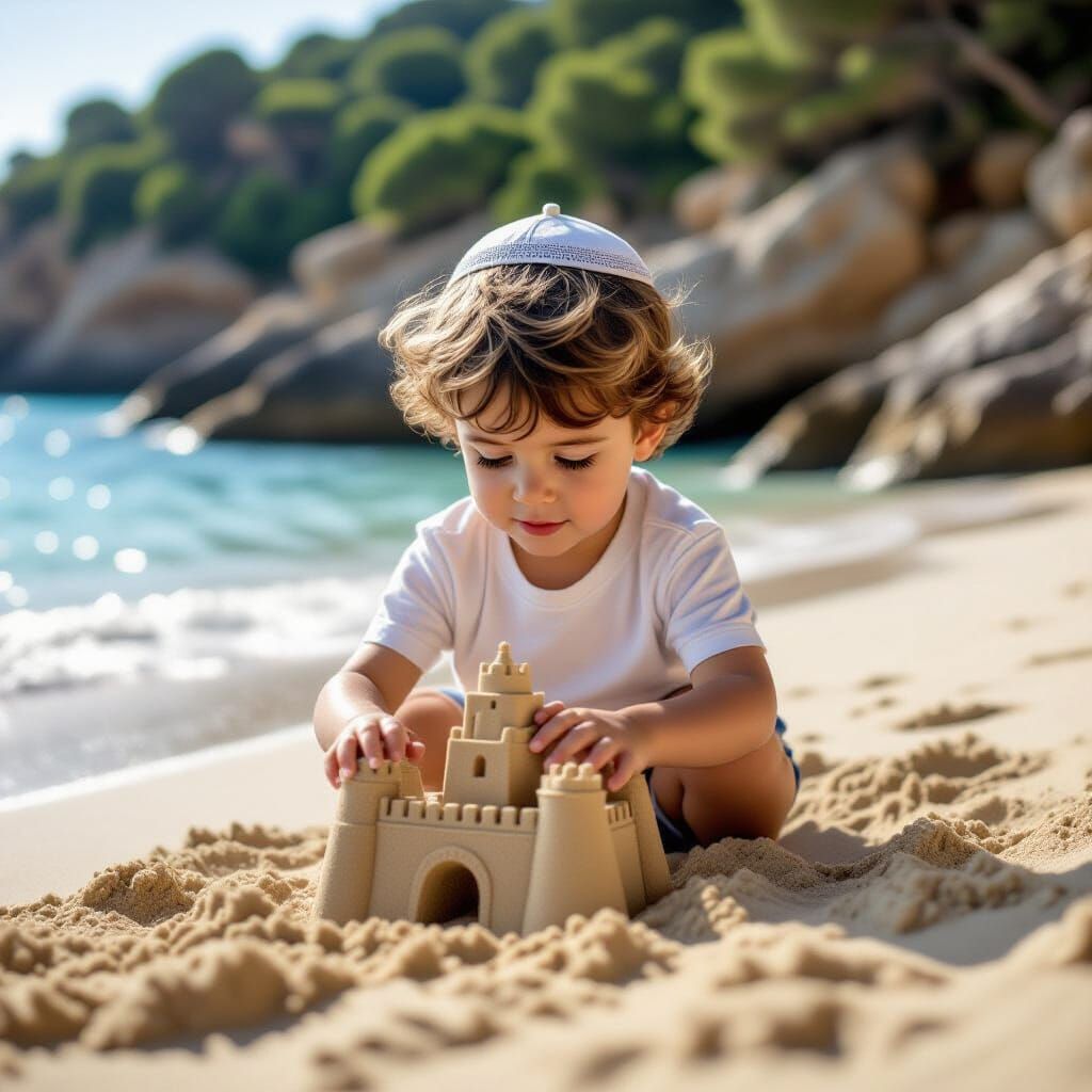 Boy with Kippah Builds Sandcastle: Cinematic Film Still