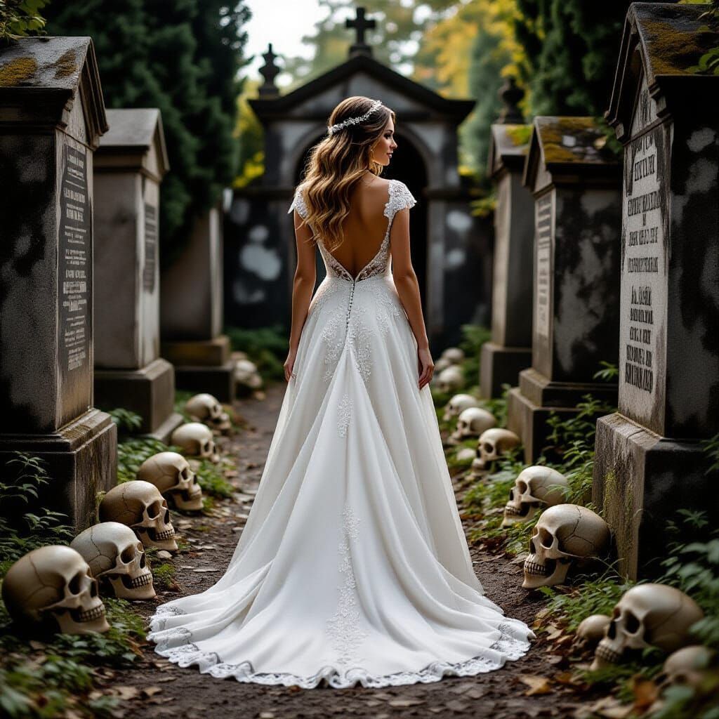 Woman's Lower Body in a Dark Cemetery with Skulls