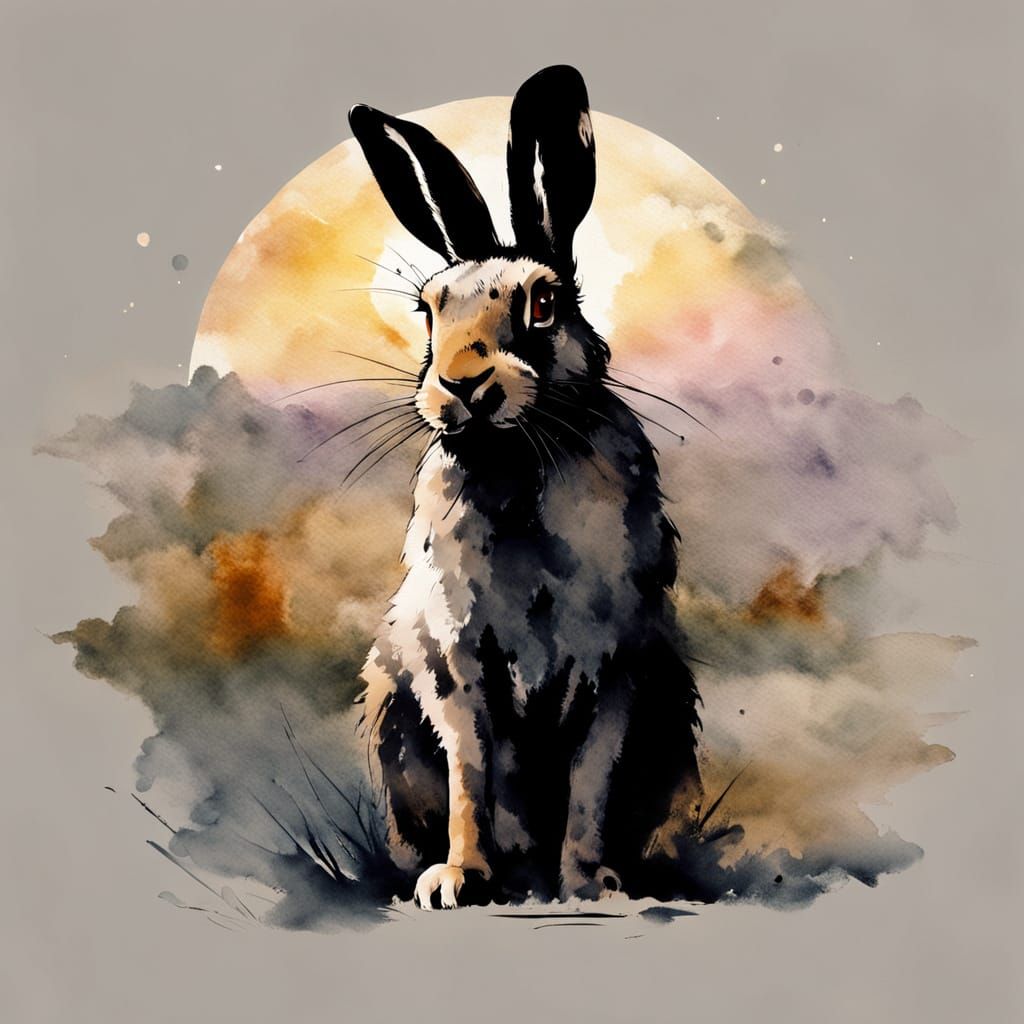 Hare in Sumi-e Style with Warm Sunlight