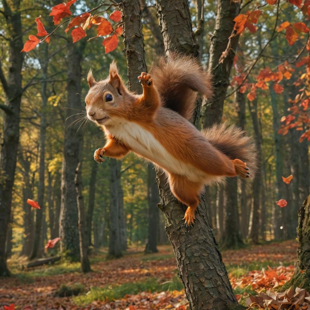 Squirrel in the air! - A fairy squirrel is jumping from one ...