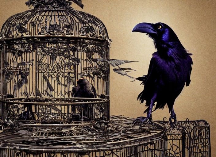Raven Contemplates Rage Atop Cage in Maximalist Style