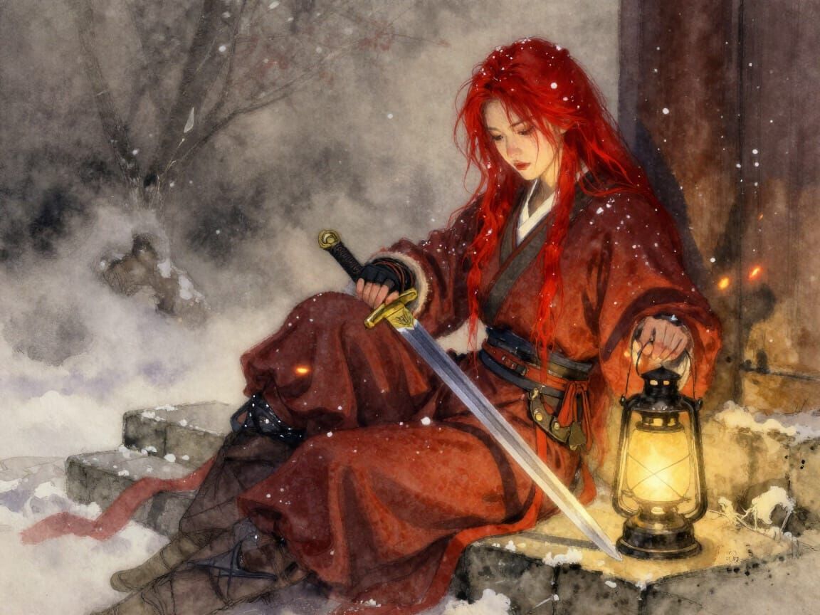 Warrior Woman Resting Sword in Snowy Glow