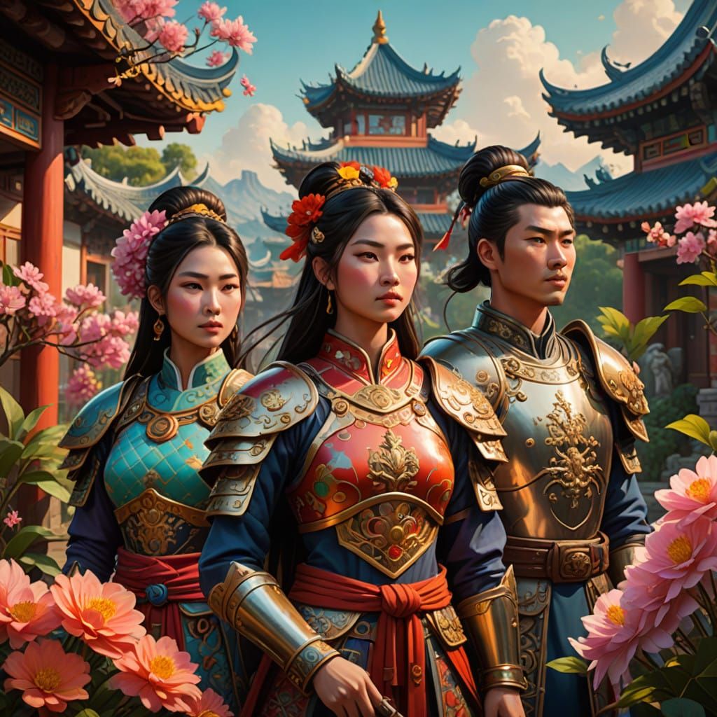 Traditional Asian Warriors in Hyperrealistic Splendor