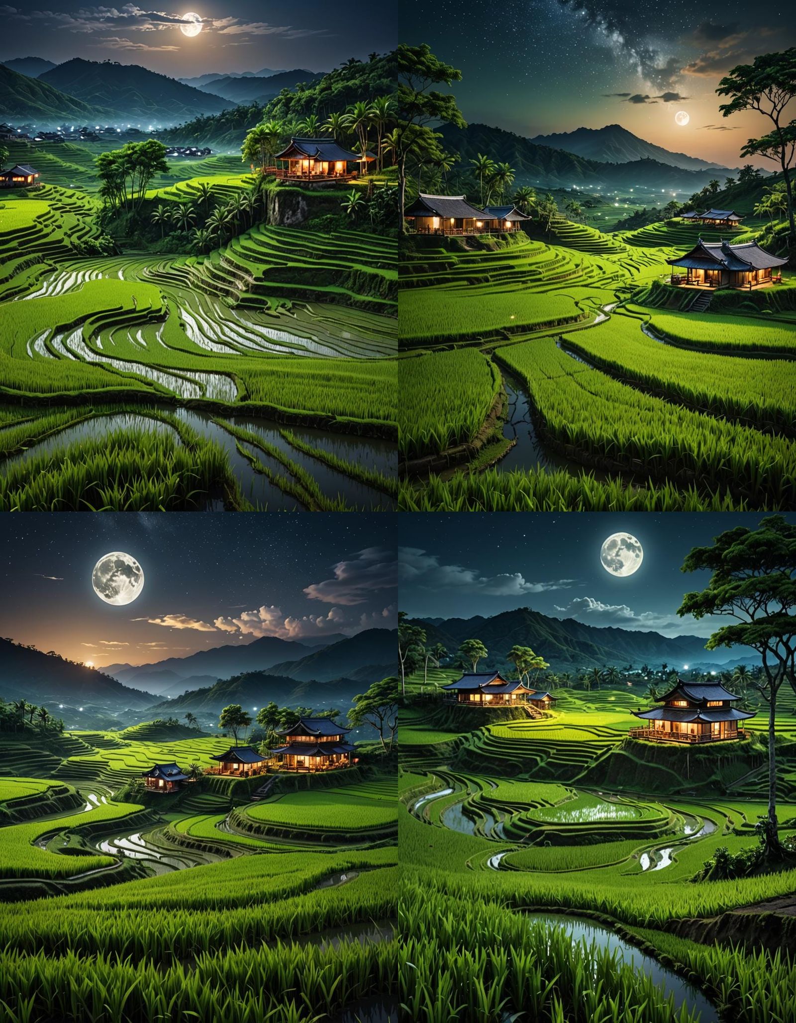 Night Rice Terraces: Hyperrealistic Moonlit Landscape