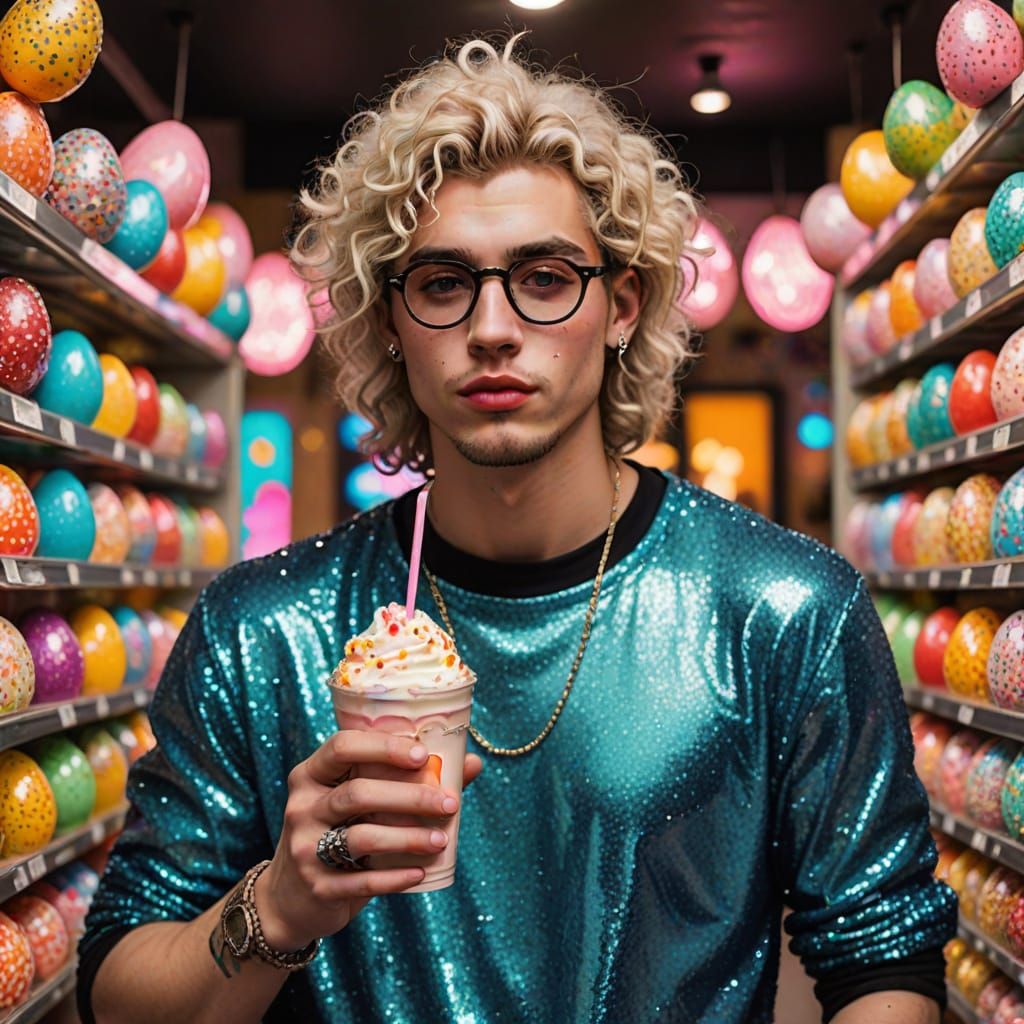 Grunge Aesthetic Young Man with Easter Eggs and Glitter