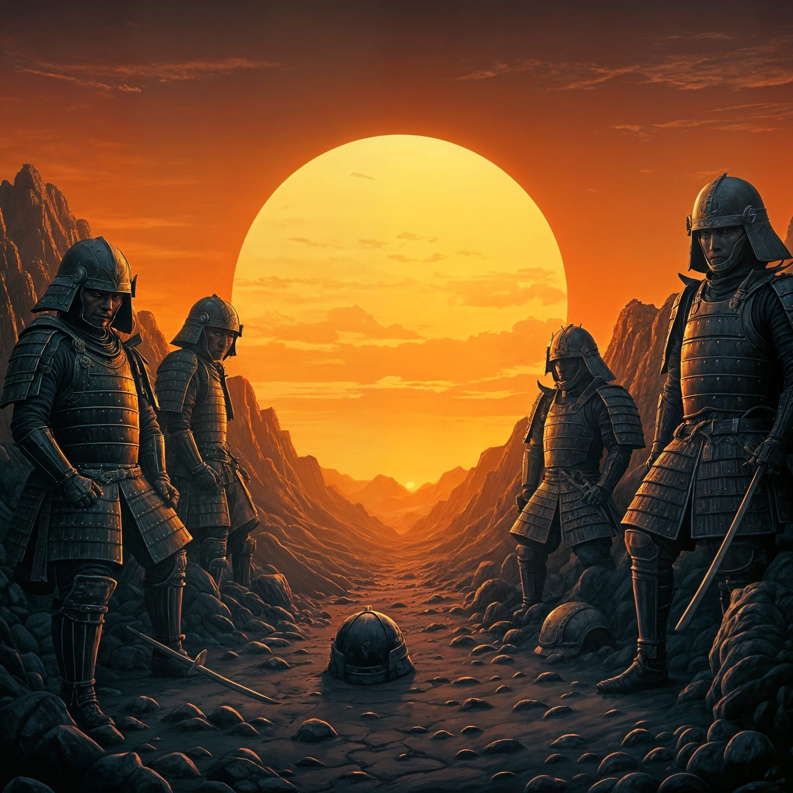Japanese Fantasy Armor Landscape with Orange Sun