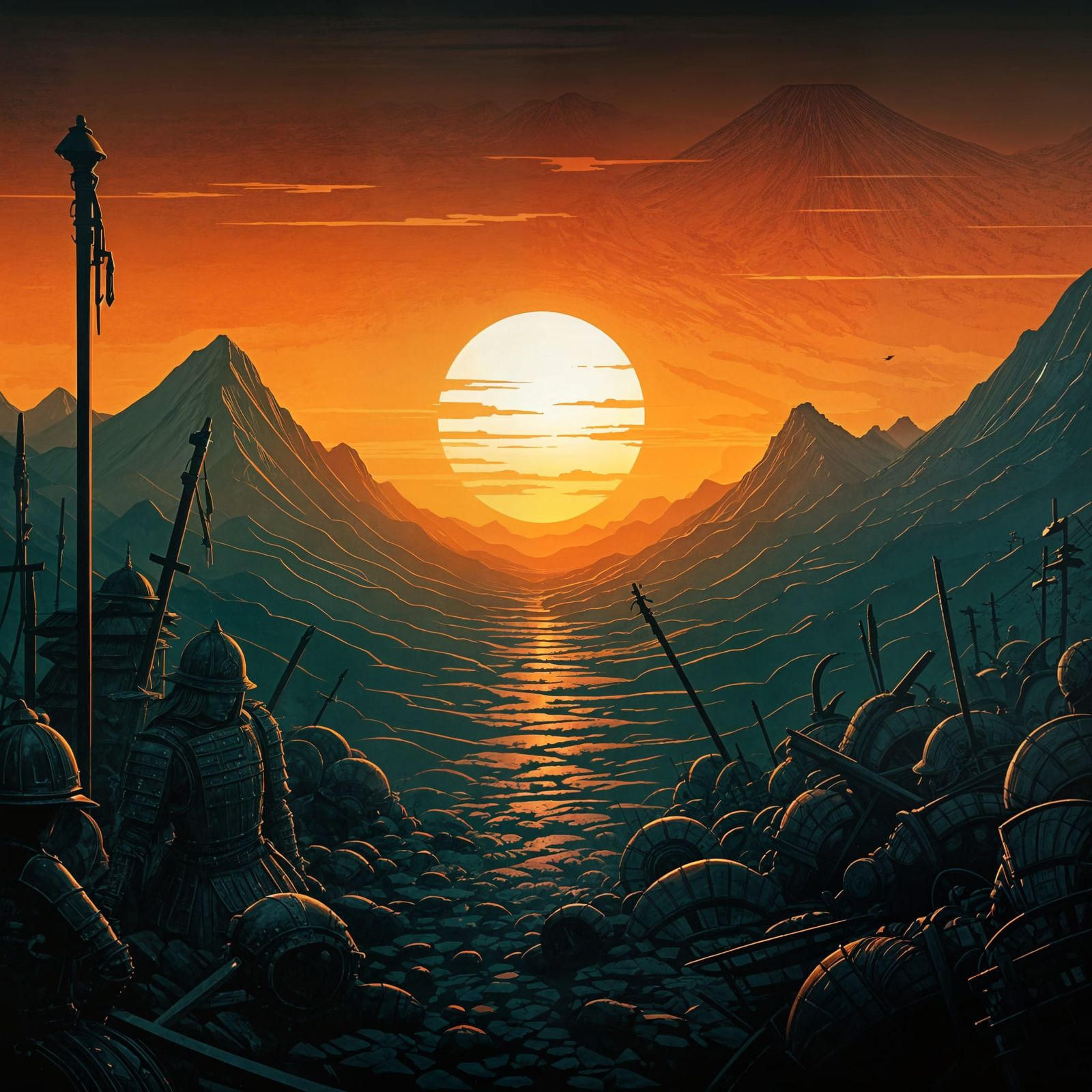 Luminous Japanese Fantasy Landscape with Armor and Sun