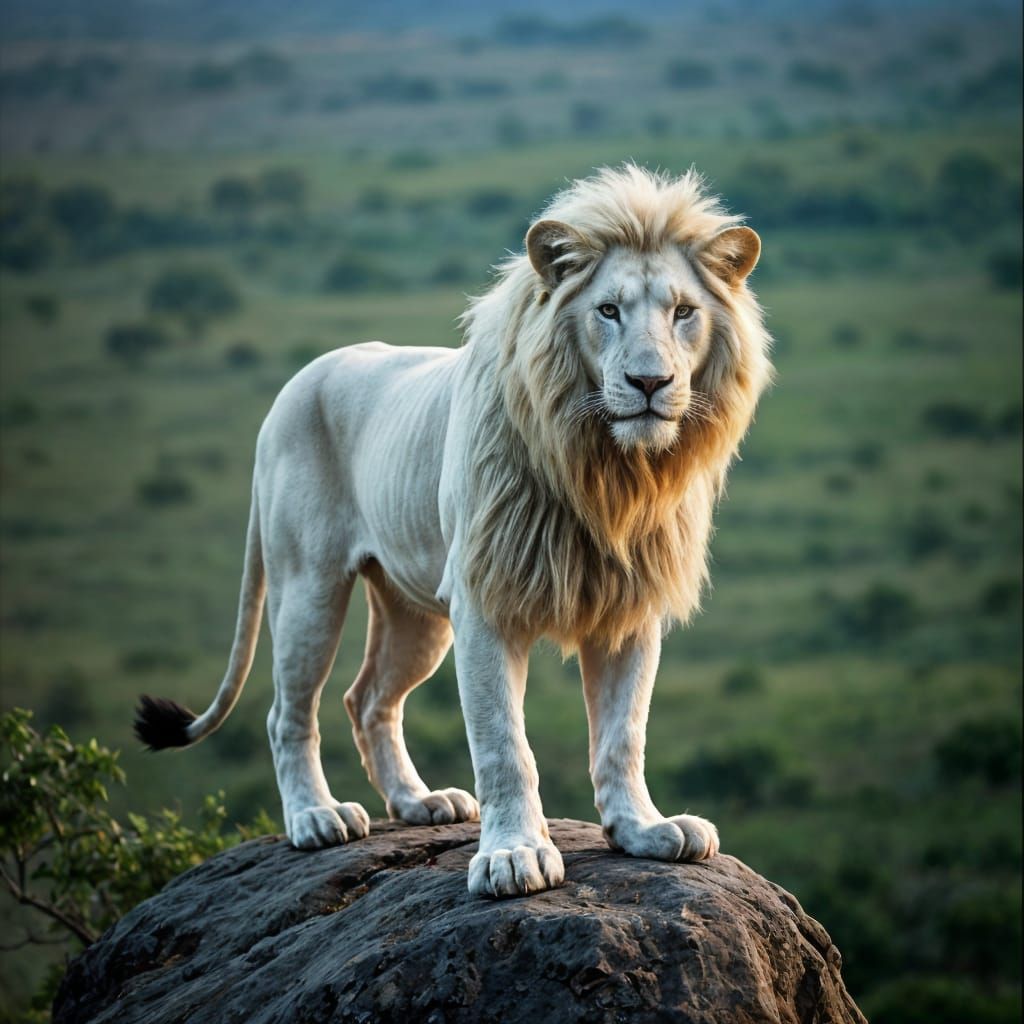 Surreal Savannah Masterpiece: Cinematic White Lion in Epic S...