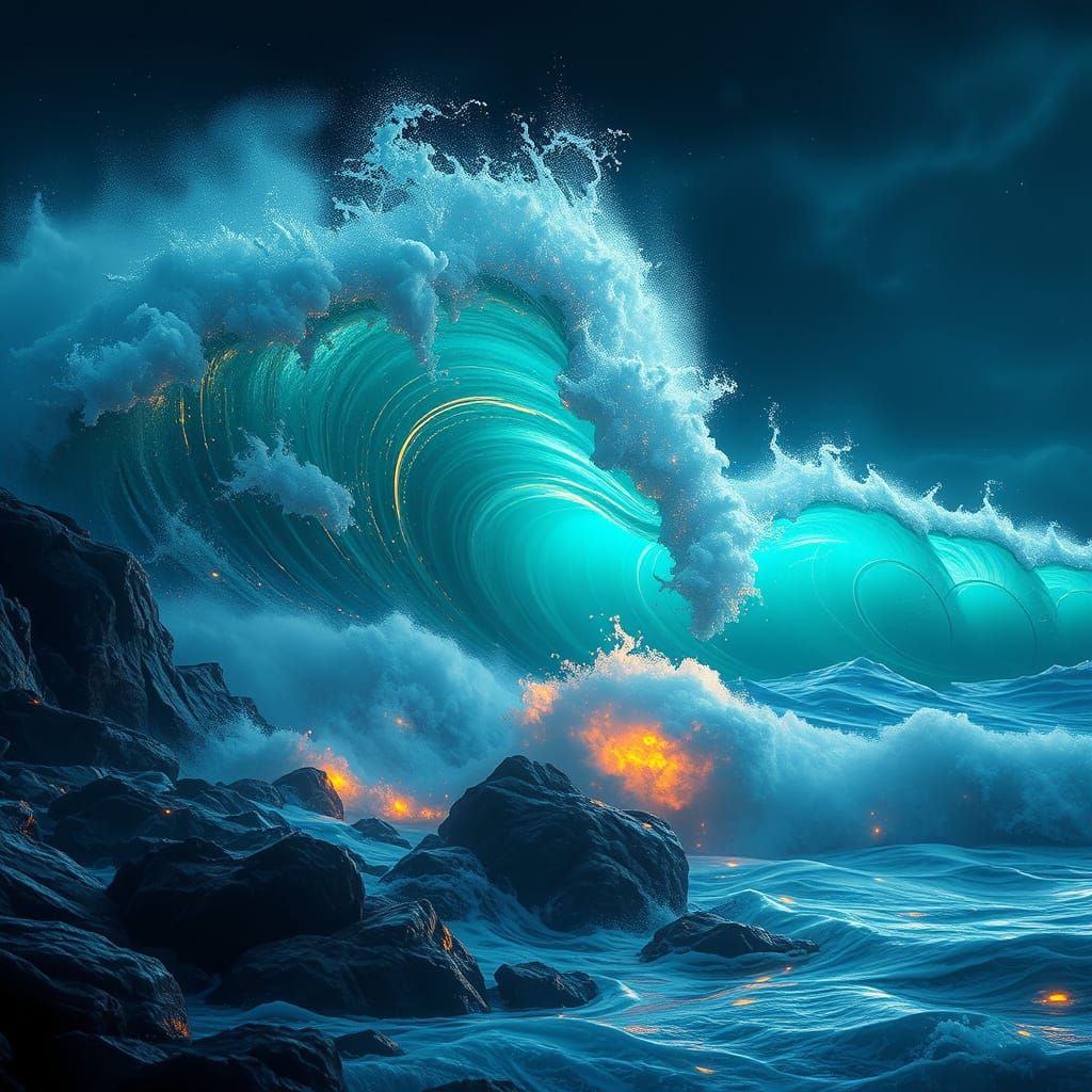 Majestic Storm Wave Crashes Against Rocky Shoreline in Vibra...