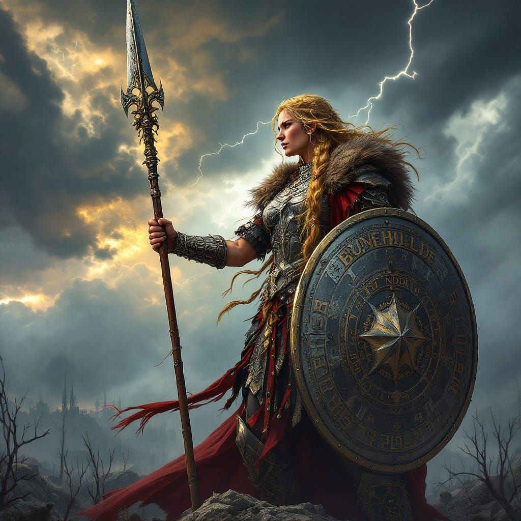 Viking Shieldmaiden Surveys Stormy Battlefield
