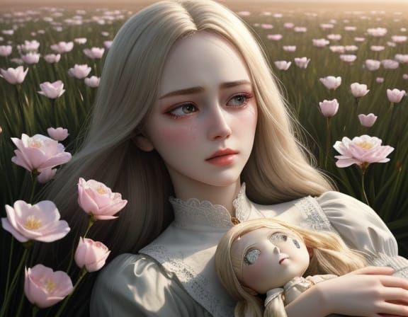 Broken Doll in Flower Field Oil Painting