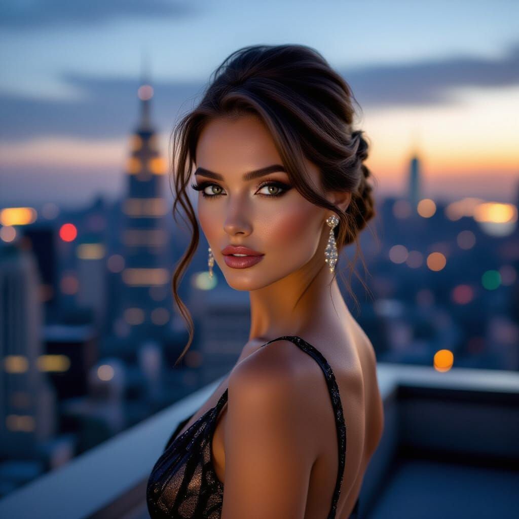 Glamorous Model on NYC Rooftop at Dusk