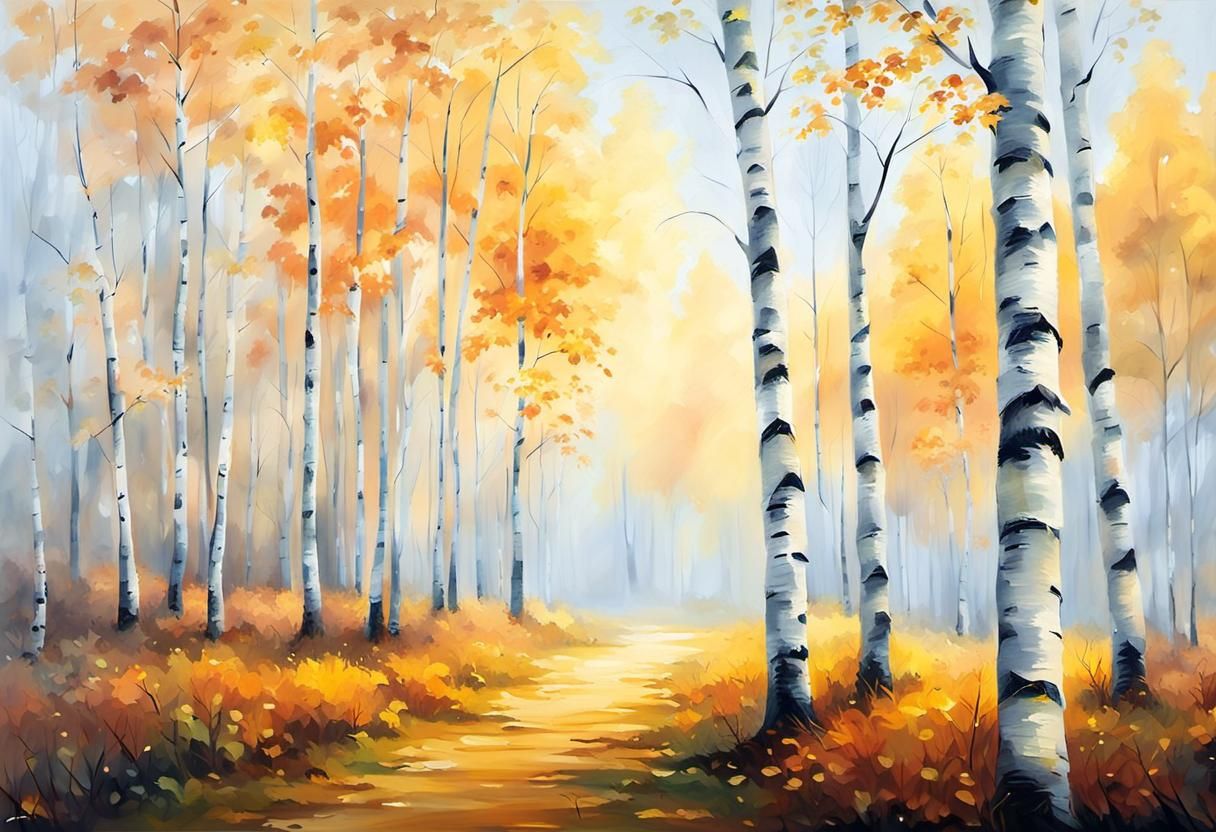 Misty Golden Autumn Birch Trees in Impressionist Style