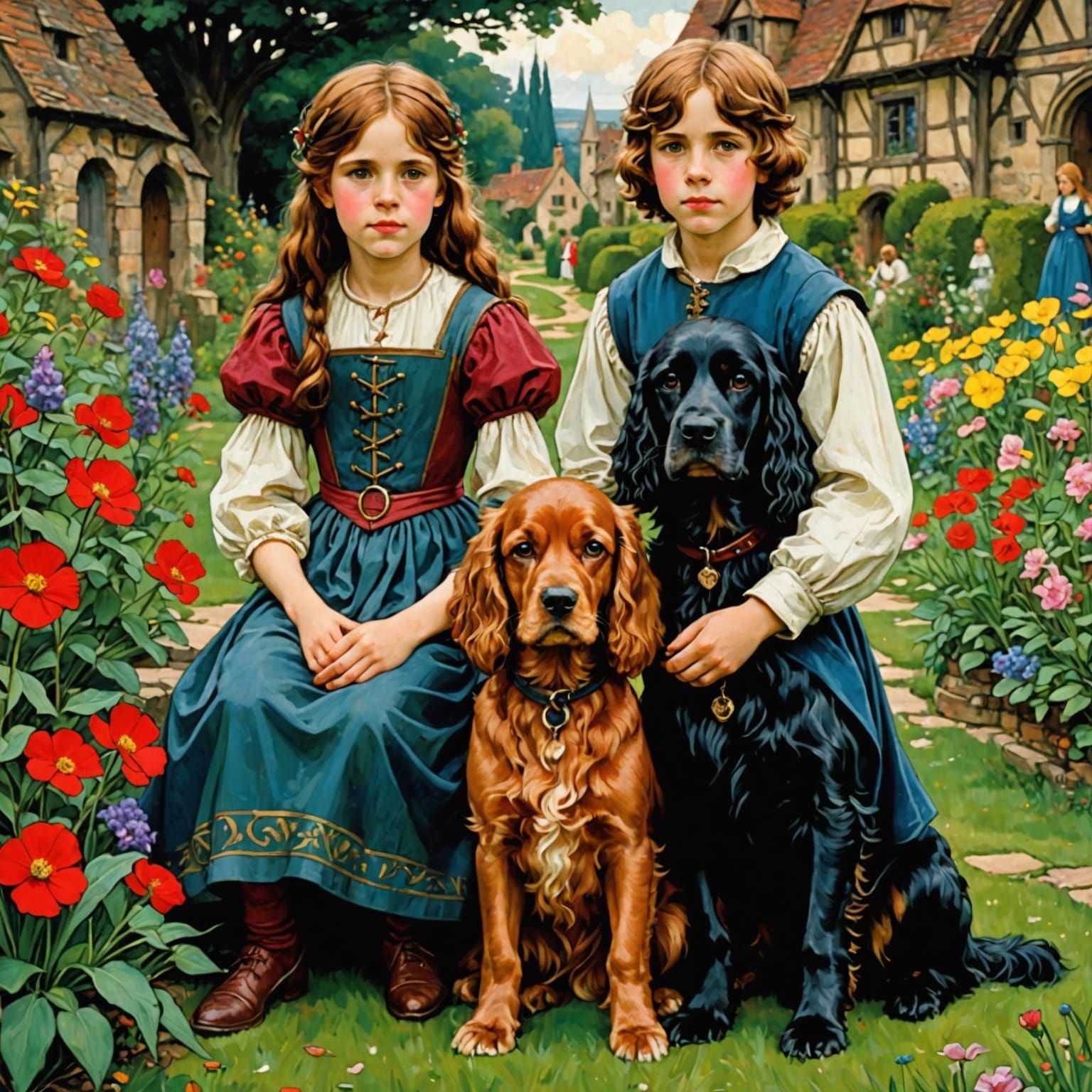 Medieval Garden Scene in Vibrant Colors