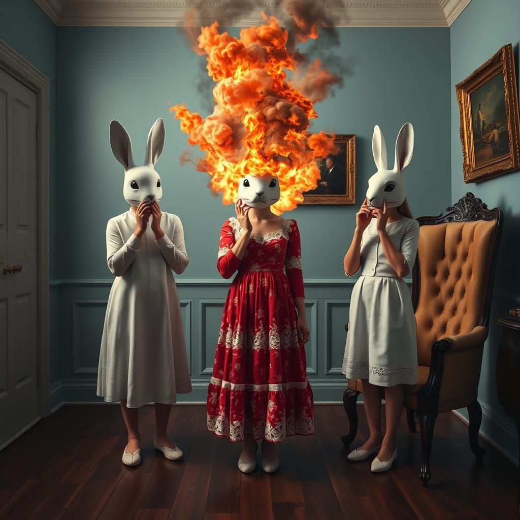 Surreal Rabbit Figures in Burning Vintage Room