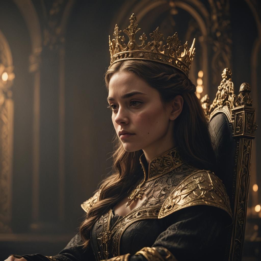 Queen in Empty Hall: Dramatic Chiaroscuro Portrait