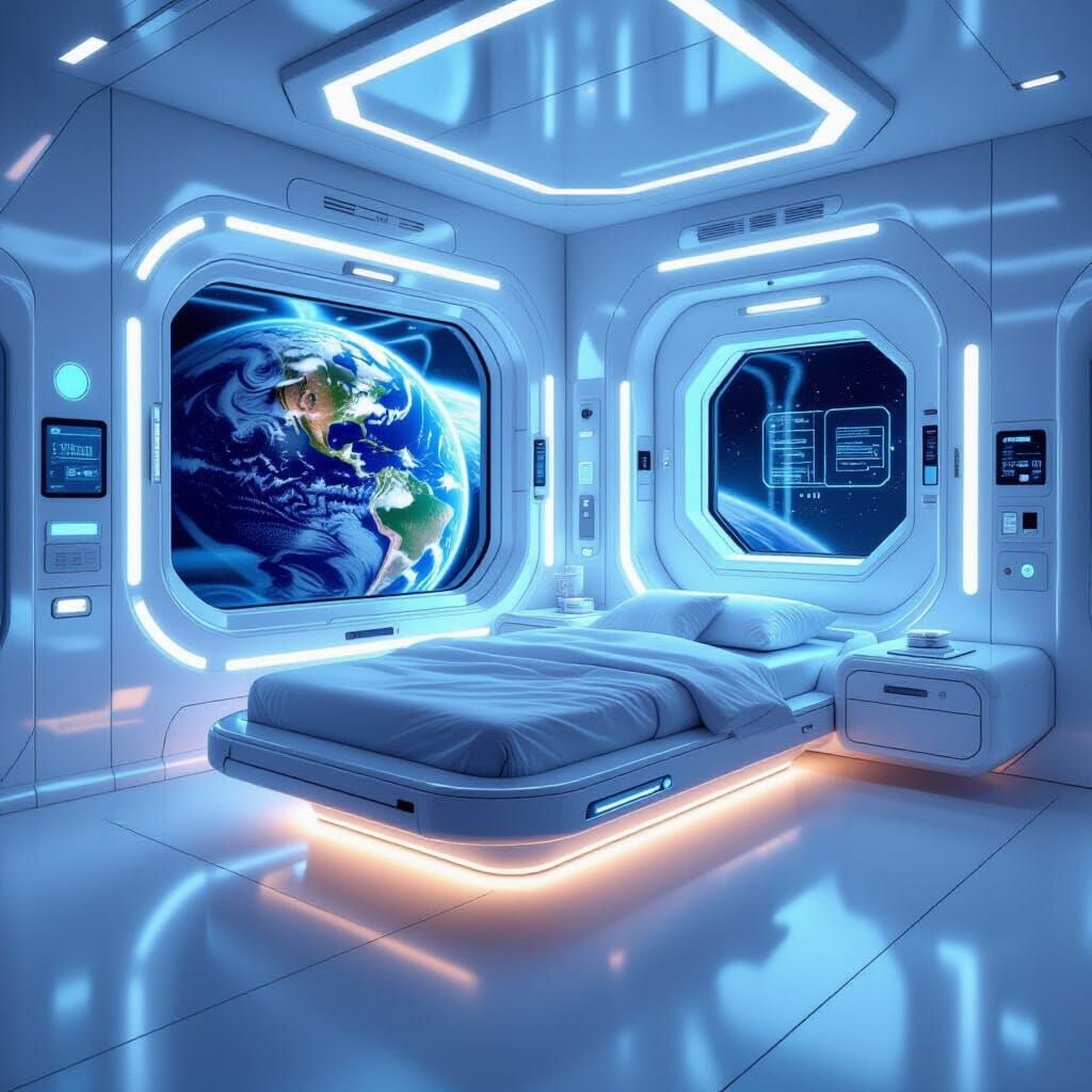 Futuristic Space Station Sleeping Quarters with Earth View
