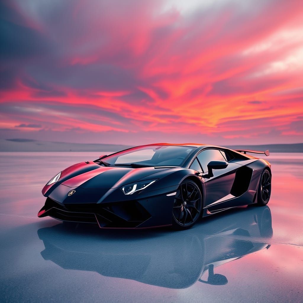 Lamborghini in Sunset Paradise with Orange Sky