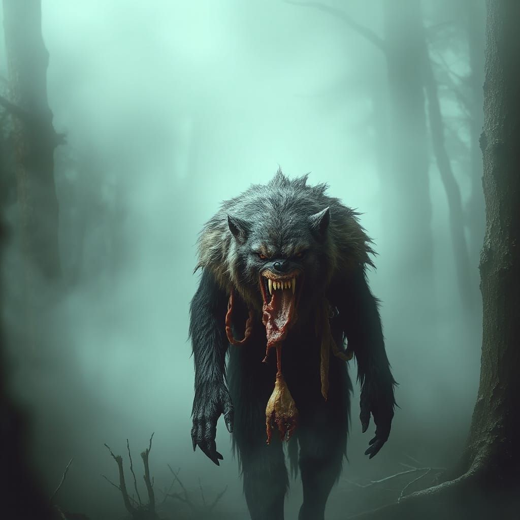 Terrifying Werewolf in Misty Forest: Dark Surrealism