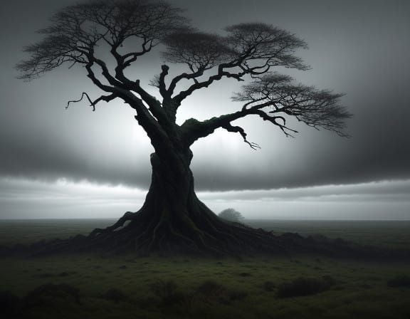 Majestic Silhouetted Tree in Turbulent Stormy Weather
