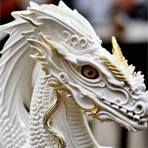 Intricate White Dragon Sculpture with Gold Accents