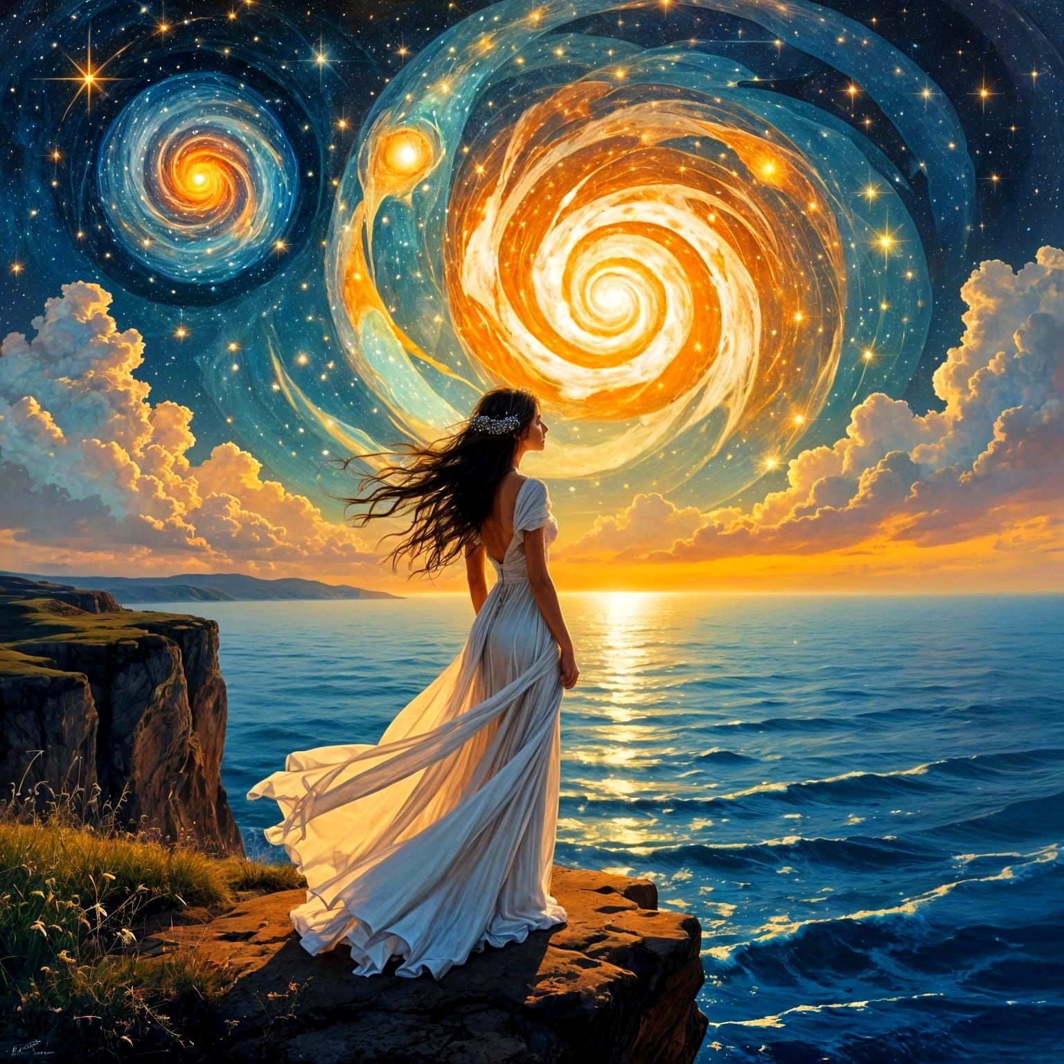 Woman with Starlight Hair Overlooking Cosmic Ocean