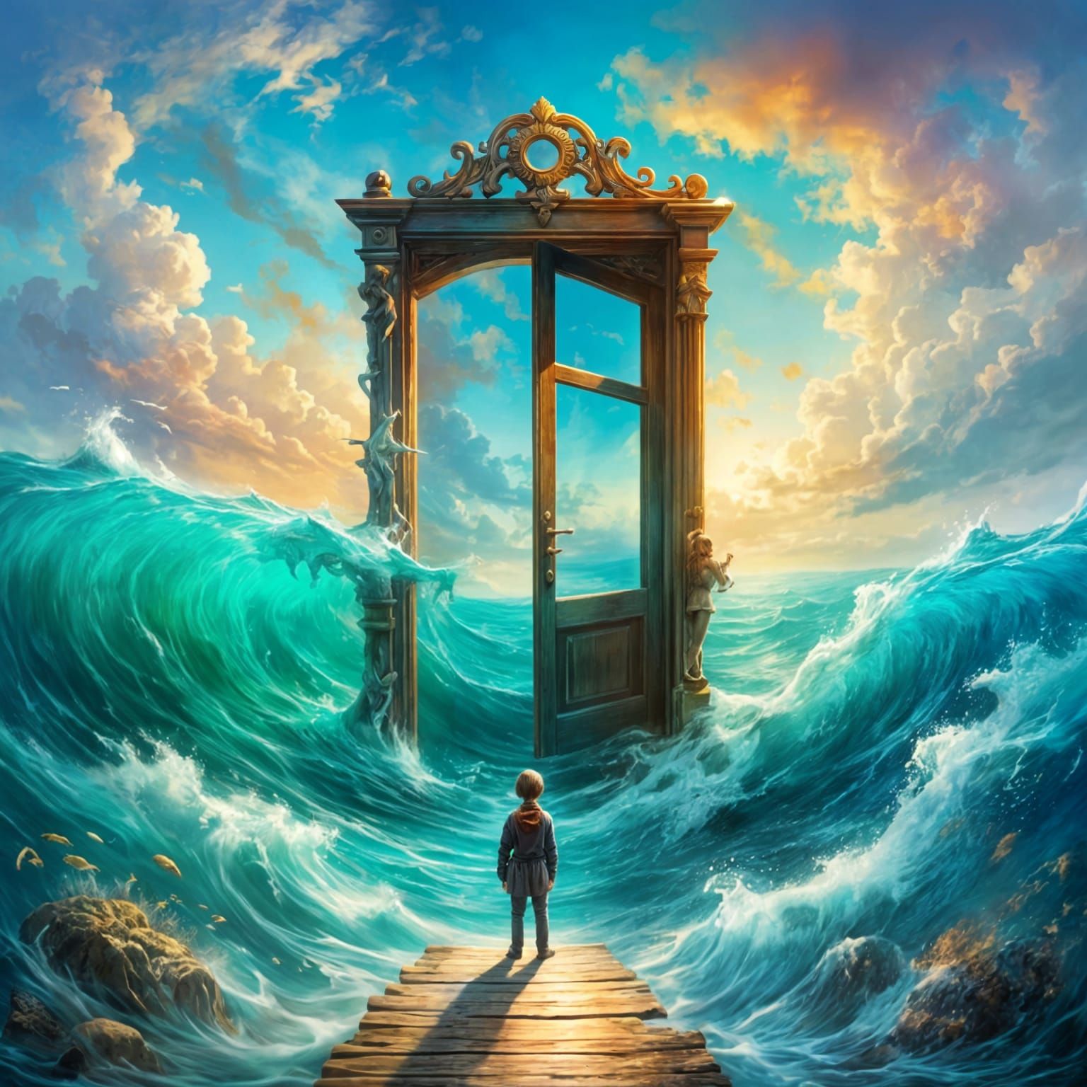 Surreal Doorway Amidst Endless Ocean