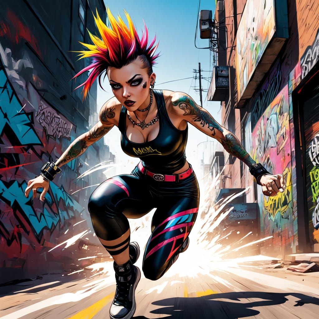 Rebellious Punk Girl in Motion Graffiti Art