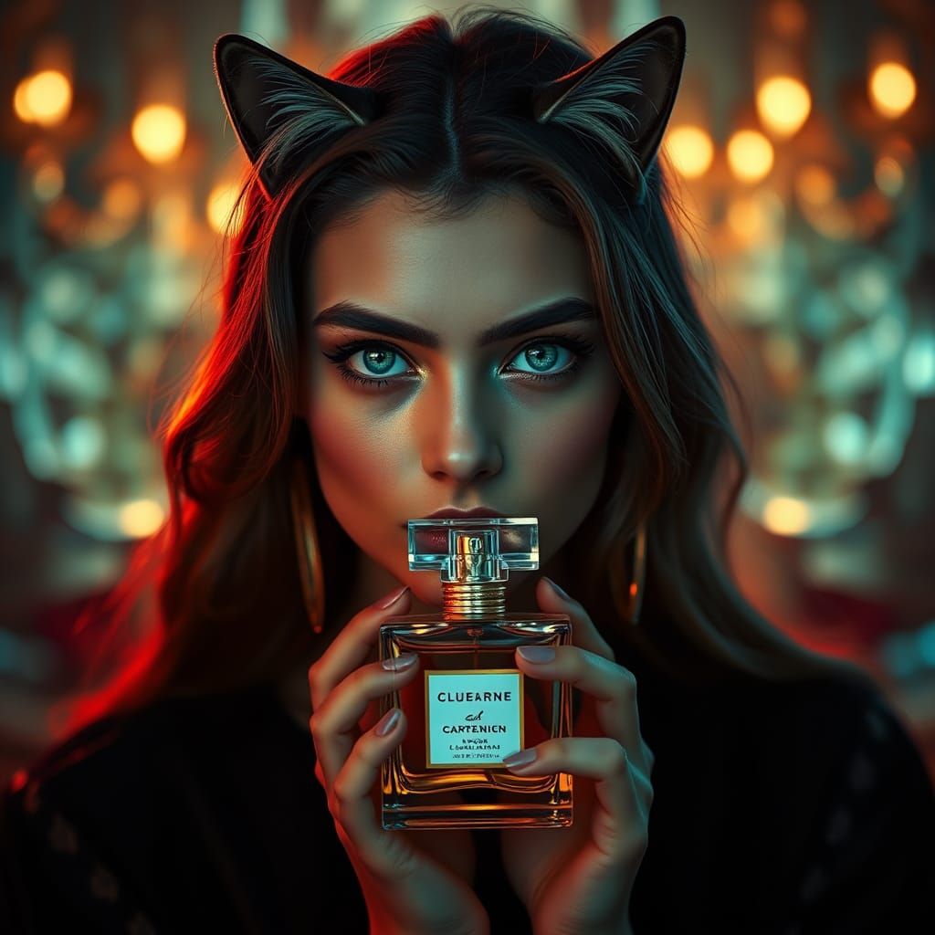 Green-Eyed Model Advertising Perfume in Cinematic Style